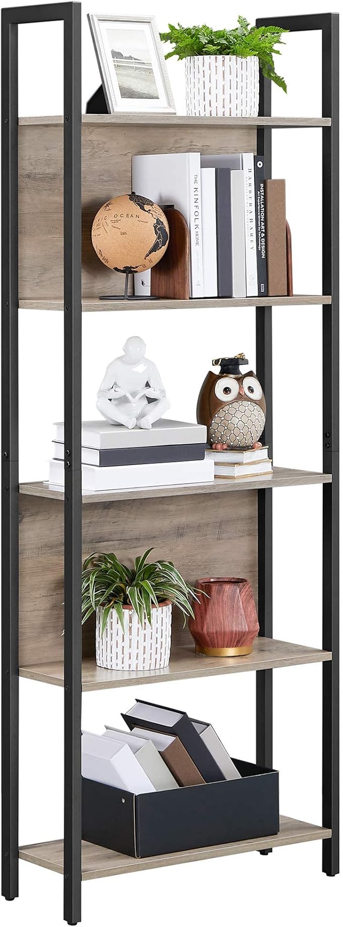 VASAGLE 5-Tier Bookshelf, Book Shelf, Industrial Bookcase, with Steel Frame, for Living Room, Home Office, Bedroom, 9.4 x 24.4 x 65 Inches, Greige and Black ULLS025B02