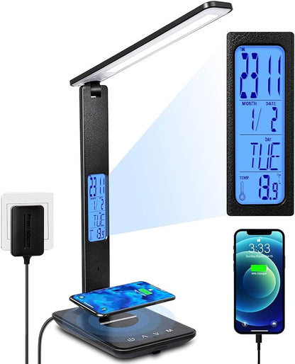 LED Desk Lamp, Desk Lamp with Wireless Charger, Suitable for Home, Office Dimmable Desk Lamp, with USB Charging Port, Built-in Clock, Calendar, Thermometer and Automatic Timing Reading Desk Lamp.