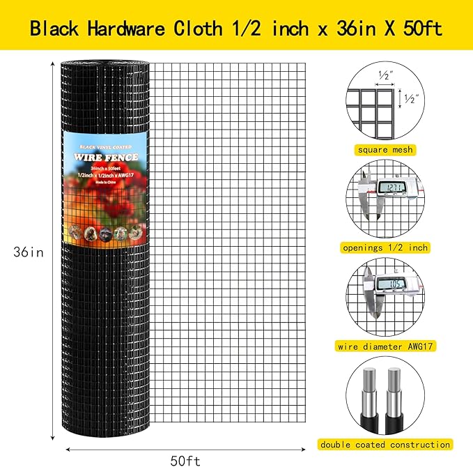 Thinkahead Black Hardware Cloth 1/2 inch 36 X 50 ft 19 Gauge Vinyl PVC Coated Wire Mesh Roll Galvanized Welding Chicken Wire Fencing, Garden Fence, Rabbit Wire, Home Improvement Project.