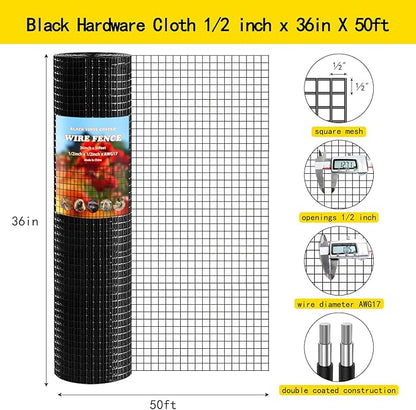 Thinkahead Black Hardware Cloth 1/2 inch 36 X 50 ft 19 Gauge Vinyl PVC Coated Wire Mesh Roll Galvanized Welding Chicken Wire Fencing, Garden Fence, Rabbit Wire, Home Improvement Project.