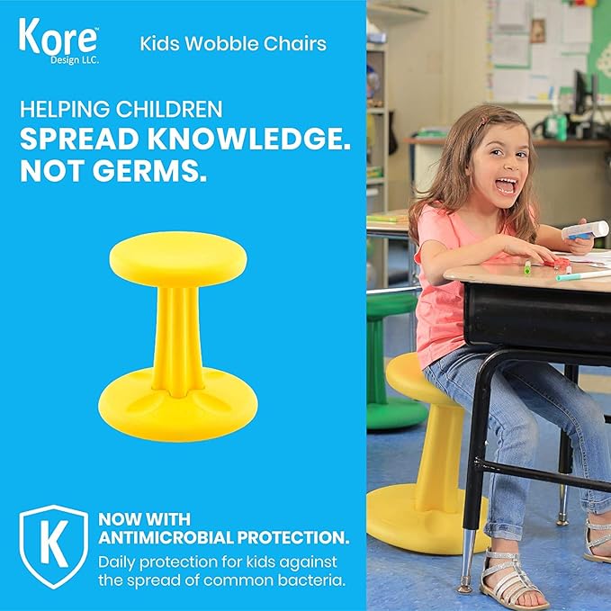 Kore Kids Wobble Chair - Flexible Seating Stool for Classroom & Elementary School, ADD/ADHD - Made in The USA - Age 6-7, Grade 1-2, Yellow (14in)
