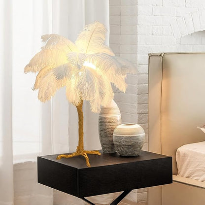 White Bedside Lamp Ostrich Feather Desk Lamp Gold Resin Ostrich Feather Table Lamp, Girls Gift Romantic Wedding Decoration Palm Tree Lamps G4*3