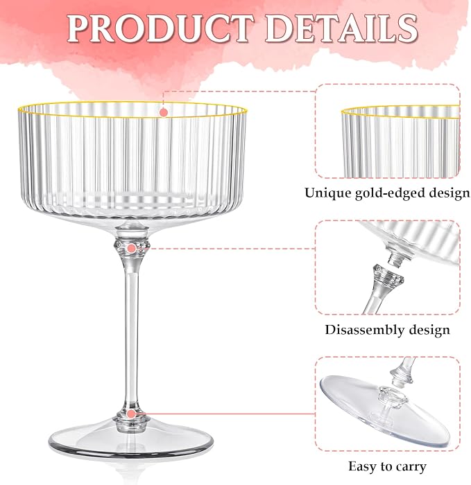 24 Pcs Ribbed Martini Glasses Plastic 10oz Champagne Martini Glasses Espresso Martini Glass Gold Rim Vintage Coupe Glass Margarita Glasses Disposable Clear Glassware Dessert Cup for Christmas New Year