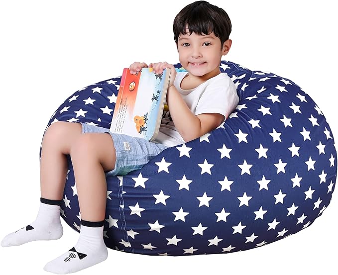 Lukeight Stuffed Animal Storage Bean Bag Chair Cover for Kids, Zipper Beanbag Chair Cover for Organizing Toddler & Kids' Rooms Plush Toys (Stars Navy Velvet, X-Large)