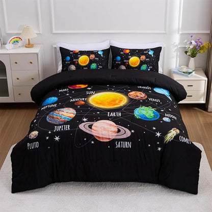 Aimuan Space Comforter Twin Set Kids Rocket Bedding Set Super Soft & Cute Aliens UFO Printed for Boys Girls Teen (Black 1, Twin)