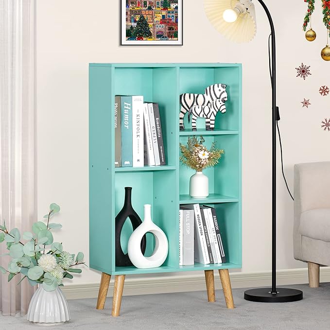 LEYAOYAO 5 Cube Bookshelf 3-Tier Bookcase with Legs,Mint Green Kids Book Shelf Cute Storage Organizer,Free Standing Open Toy Shelves Wood Bookshelves,Display Bookcases for Bedroom,Living Room,Nursery