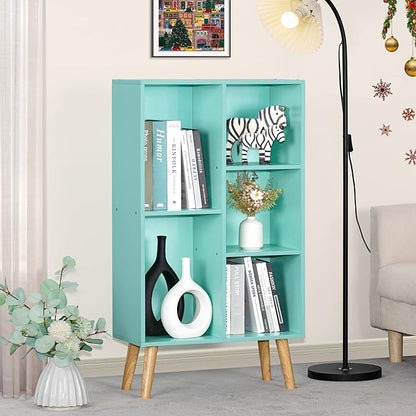 LEYAOYAO 5 Cube Bookshelf 3-Tier Bookcase with Legs,Mint Green Kids Book Shelf Cute Storage Organizer,Free Standing Open Toy Shelves Wood Bookshelves,Display Bookcases for Bedroom,Living Room,Nursery