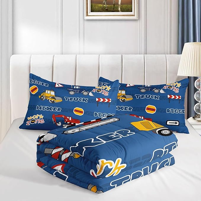 Kids Comforter Set Butterfly Printed Pattern Bedding Set with 1 Comforter and 2 Pillowcases for Girls Boys Bedroom All Season(Truck Queen)