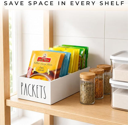 Seasoning Organizer, Pantry Storage Bins for Food Mixes, Spices, Gravy, Taco, and Dressing Packets - Modern Farmhouse Kitchen Organization (White)
