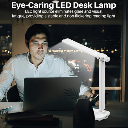 LED Desk Lamp Dimmable Double Head Reading Lamp with USB Charging Port, 3 Lighting Modes, Sensitive Control, Eye-Caring Office Lamp for Study Reading Drafting (White)