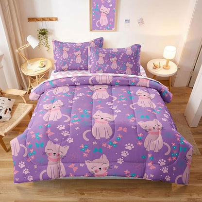 5 Piece Girls Cat Comforter Set Full Size Bed in A Bag Pink Cute Cartoon Cats Bedding Set for Kids Teens (1 Comforter, 1 Flat Sheet, 1 Fitted Sheet, 2 Pillowcases), Purple Pink