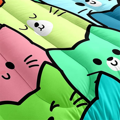 Cat Bedding Set Full Size - 3 Piece Cartoon Cat Comforter Set for Girls Boys Kids Bedroom Colorful Animals Print Home Bedding Decor for All Season Soft Warm 1 Cat Quilt Cover with 2 Pillowcases