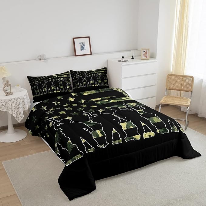 Erosebridal American Flag Camo Comforter Set King Size for Boy Teens Gilrs Kids ArmyGreen Camouflage Bedding Adult Men Soldier Silhouettes Quilted Duvet Military Style Camo Down Comforter