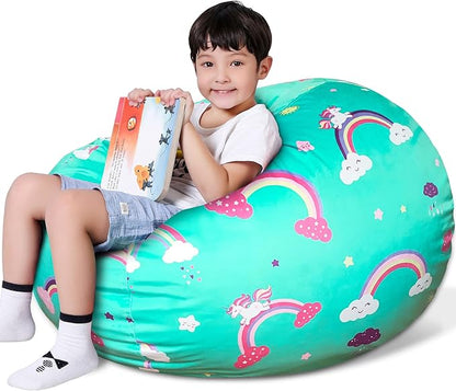 Lukeight Unicorns Stuffed Animal Storage Bean Bag Chair Cover for Kids, Unicorns Zipper Beanbag Chair Cover for Organizing Toddler & Kids' Rooms Plush Toys (Rainbow Green, Large)