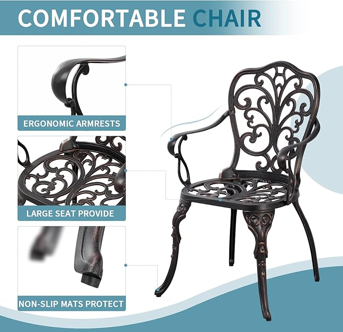 Bistro Set 3 Piece Outdoor Bistro Table and Chair Set of 2 Cast Aluminum Patio Furniture with Umbrella Hole,Patio Bistro Table Sets for Garden,Yard(Brown)
