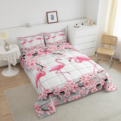 Erosebridal Flamingo Bedding Set Queen,Cherry Blossoms Comforter Set for Girls Teens Women,Pink Tropical Bird Animal Comforter Flower Rustic Wooden Board Quilt Duvet Sets with 2 Pillow Cases