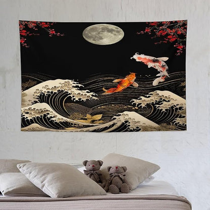 Houselerax Koi Fish Tapestry, Japanese Style Yin Yang Big Wave Cherry Blossom Tapestries Wall Hanging for Bedroom Living Room Office Decor 60"x40"