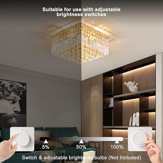 4-Light Gold Crystal Chandeliers Flush Mount Chandelier Light Fixture with K9 Crystals Modern Ceiling Lights Elegant Square Lamp for Bedroom,Hallway,Bar,Living Room,Dining Room,H5.9 xW13.7