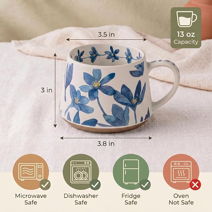 Ceramic Coffee Mug, 13oz Floral Design Pottery cute mugs, Ideal Gift for Women unique vintage pretty coffee mugs (Blue Bulky Flower Mug)