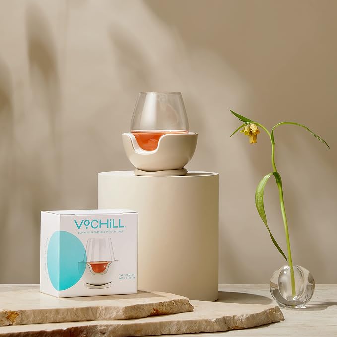 VoChill Stemless Wine Glass Chiller | Keep the Chill In Your Glass | Made In USA | Separable & Refreezable Chill Cradle | Actively Chills Stemless Glassware | Stone, Pair Stemless