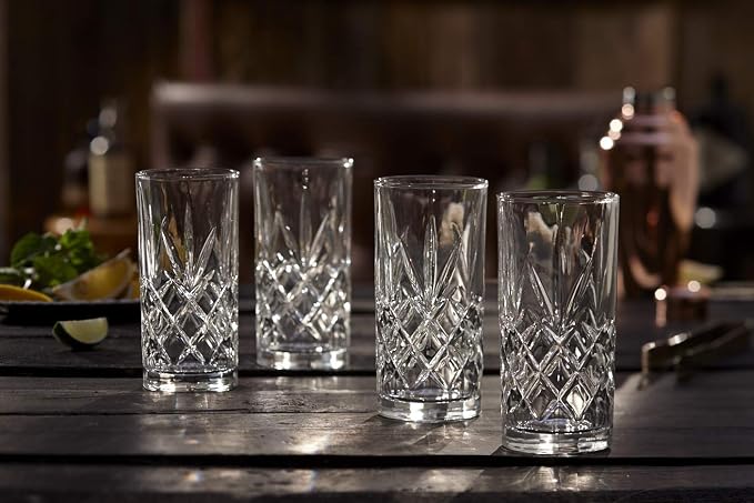 Royalty Art Kinsley Tall Highball Glasses, Set of 8, 12 oz Cups | Textured designer glassware, water, beer, soda, trendy elegant dishware, dishwasher safe