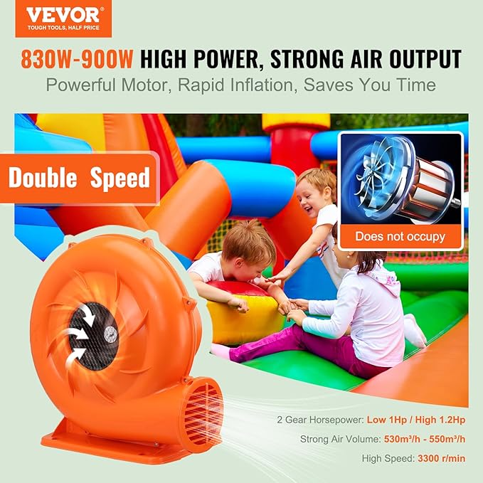VEVOR Inflatable Blower, 900W, 1 HP & 1.2 HP Bounce House Blower, Commercial-grade Air Blower for Inflatables, 3300 RPM, Bouncy Castle Electric Blower Perfect for Bounce House, Waterslides, ETL Listed