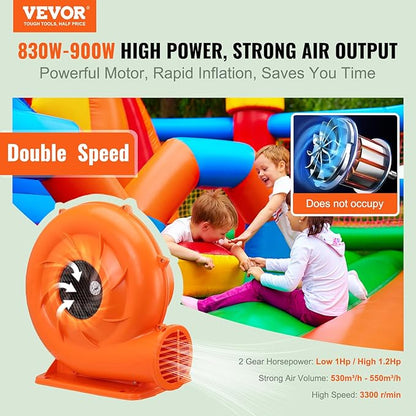 VEVOR Inflatable Blower, 900W, 1 HP & 1.2 HP Bounce House Blower, Commercial-grade Air Blower for Inflatables, 3300 RPM, Bouncy Castle Electric Blower Perfect for Bounce House, Waterslides, ETL Listed