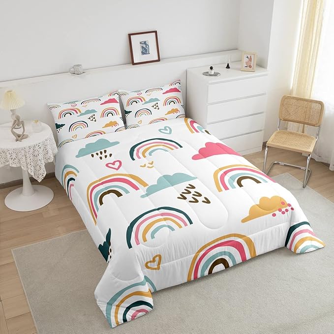 Girly Rainbow Comforter Set Queen Size,Hand Drawn Kawaii Rainbow Bedding Sets for Kids Children,Lovely Cartoon Style Clouds Love Heart Duvet Insert Abstract Artwork Down Comforter with 2 Pillow Shams