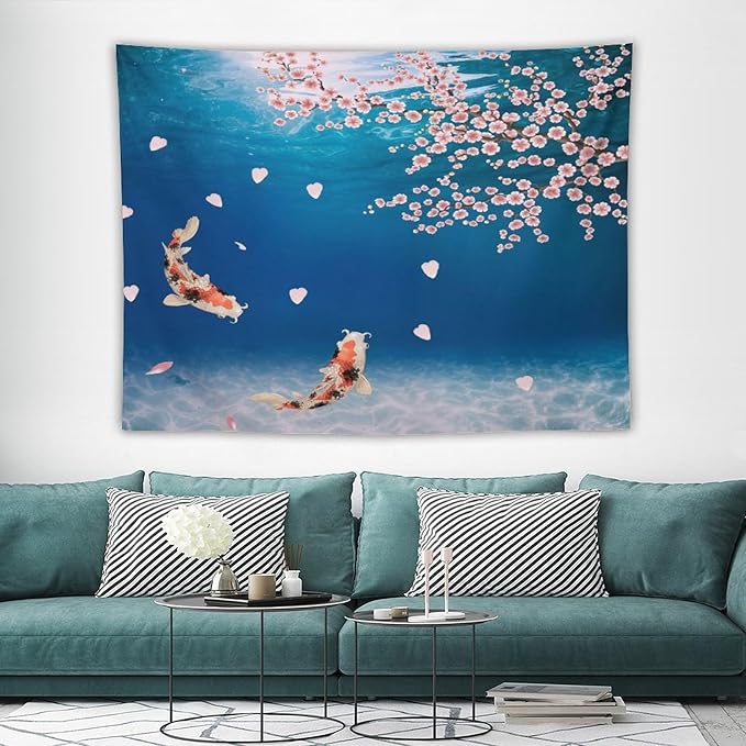 Japanese Koi Fish Tapestry, Cherry Blossoms Asian Oriental Blue Floral Branch Koi Fish Carp Tapestries Wall Hanging for Bedroom Living Room Office Decor 80"x60"