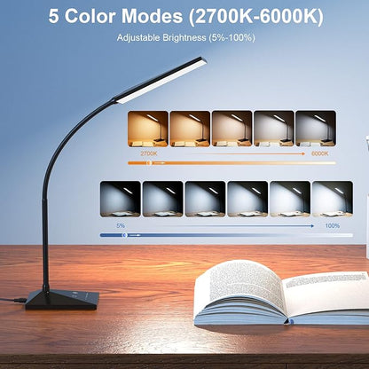 LED Desk Lamp Eye-Caring Table Lamps with USB Charging Port,7 Brightness Levels & 5 Color Modes,Touch Control and Memory Function, Flexible Gooseneck Reading Lamp for Home Office, Black