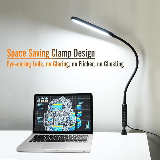 Clamp on Lamp, LED Desk Lamp, 18W, 3000 LMS, 3 Color Modes, 16 Brightness Levels, CRI>95, 0.5H/1H Timer, Eye-Caring Task Lamp with Remote for Reading, Home, Office (Adapter Included)