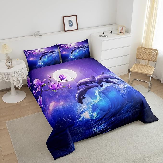 Erosebridal Dolphin Ocean Comforter Set Queen,Coastal Stars Moon Galaxy Bedding Set Cherry Blossoms Sky Starry Comforter for Girls Teen Women Sea Animal Quilted Duvet Purple Blue 2 Pillow Cases