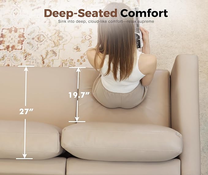 ABCASA Faux Leather Single Sofa, Modern Accent Chair Whitesand with Storage Deep Seat Large Reading Armchair for Living Room Bedroom Office