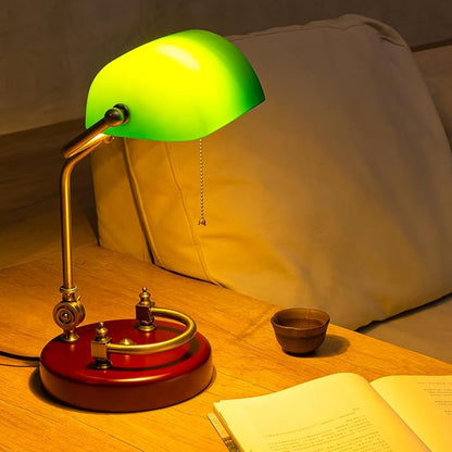 Green Bankers Desk lamp for Home Office Vintage Desk Retro lamp Workplace Lighting Piano Light Bedside lamp Pull Rope Switch，Glass lampshade，UL Certified lamp Holder, Wire