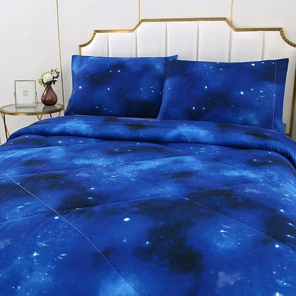 3PCS Blue Galaxy Comforter Set Full, Full Size Bed in a Bag Summer Comforter, Lightweight and Fade Resistant, Cute Full Size Quilt for Boys Girls Toddler Kids and Teens, Full