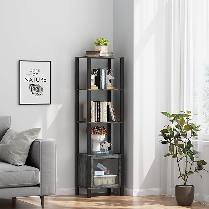 TUTOTAK 5 Tier Bookcase and Bookshelf, Narrow Book shelf with Door for Small Space, for Living Room, Office, Study, Entryway, Charcoal Grey BS03BY005