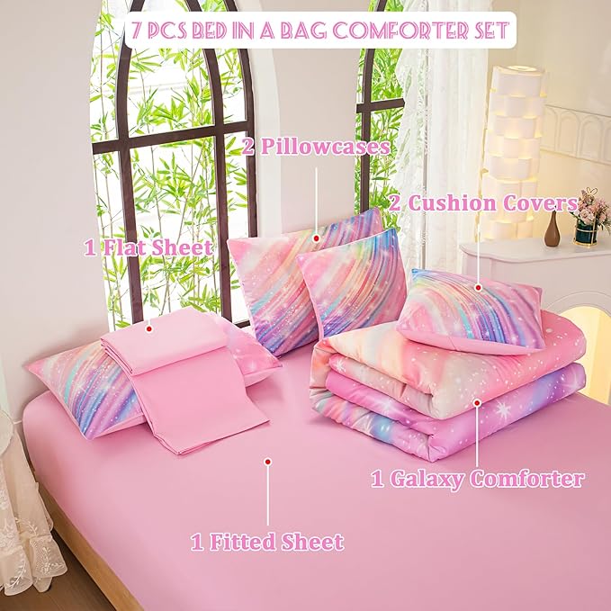 Full Size Bedding Sets Kids Bedding Sets for Girls,Galaxy Bedding 7pieces Glitter Pink Comforter, Colorful Comforter Full Size Comforter Sets for Teen Girls