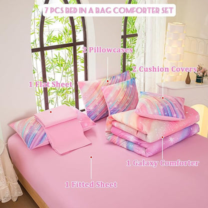 Twin Comforter Set for Girls Galaxy Bedding 7pieces, Ombre Bedding Comforter Sets Rainbow Comforter Glitter Bedding Twin Teen Comforter Sets for Girls