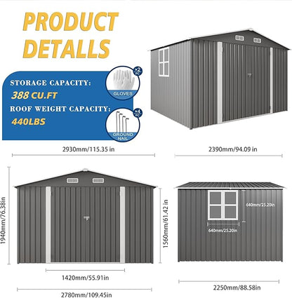 10x8x6.4FT Outdoor Storage Shed, Galvanized Steel Garden Shed with Lockable Door & Window, Waterproof Metal Tool Storage for Garden, Backyard, Patio, Lawn(Grey)