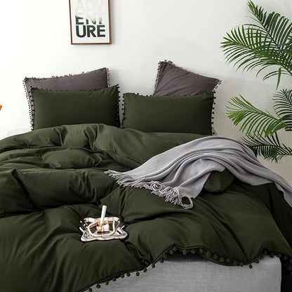 Army Green Comforter Cal King Dark Green Pom Green Comforter 3 PCs Soft Olive Green Boho Ball Pom Fringe California King Comforter Bedding Set Women Solid Dark Green Bed Comforter All Season