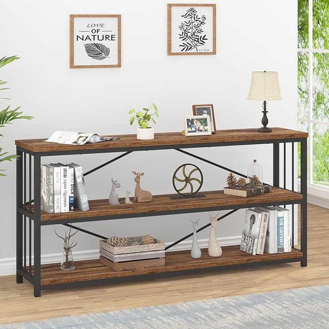 IBF Low Rustic 3 Tier Bookshelf, Industrial Horizontal Wood Bookcase, Farmhouse Long Wide Open Metal Etagere, Modern Large Vintage Book Shelf for Home Office Bedroom Living Room, Rustic Brown, 63 Inch