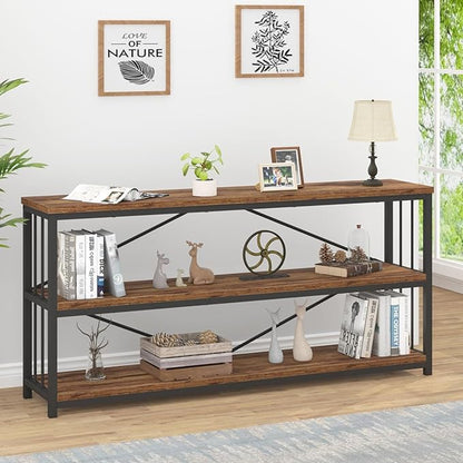 IBF Low Rustic 3 Tier Bookshelf, Industrial Horizontal Wood Bookcase, Farmhouse Long Wide Open Metal Etagere, Modern Large Vintage Book Shelf for Home Office Bedroom Living Room, Rustic Brown, 63 Inch