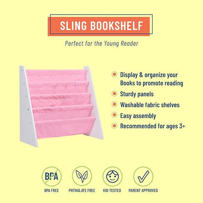 Wildkin Kids Canvas Sling Bookshelf for Boys and Girls, Wooden Design Features Four Fabric Shelves, Keep Bedrooms, Playrooms, and Classrooms Organized, Measures 25 x 24 x 11 Inches (White w/ Pink)