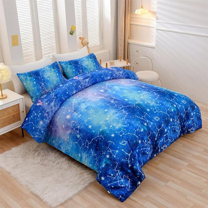 Holawakaka Tie Dye Constellation Print Ombre Comforter Set Full Size Girls Boys Gradient Galaxy Bedding Set (Cyan,Full)