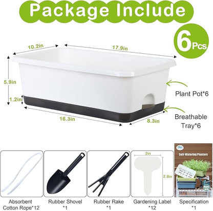 Window Box Planter 6 Pcs, 18 Inches Rectangle Flower Pots with Drainage Holes and Trays, Vegetable Planters for Windowsill Patio Garden Balcony Home Porch Yard Indoor Outdoor (White, 18*10*6 inch)