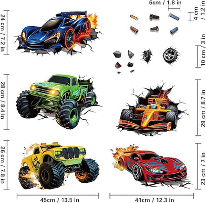 3D Racing Cars Wall Decals - Truck Bursting Through Wall, F1 Racing Cars Wall Stickers for Kids Room Boys Bedroom
