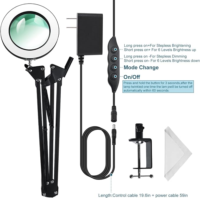 Magnifying Glass with Light and Stand 12V/1A Adapter 5X LED Magnifying Lamp 3 Color Modes Stepless Dimmable 2-in-1 Desk Magnifier with Light, for Hobby Reading Crafts Repair Reading Close Work
