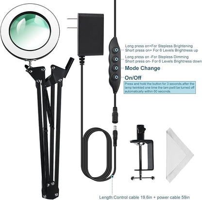 Magnifying Glass with Light and Stand 12V/1A Adapter 5X LED Magnifying Lamp 3 Color Modes Stepless Dimmable 2-in-1 Desk Magnifier with Light, for Hobby Reading Crafts Repair Reading Close Work