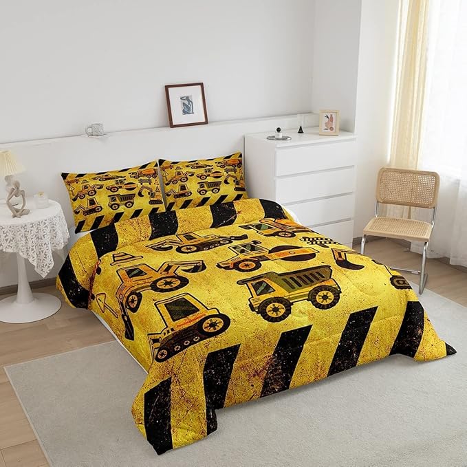 Tractor Bedding Set King Size, Equipment Truck Comforter Set, Construction Excavator Down Comforter, Yellow Vehicle Super Soft Quilt Set for Kids Boys Teens, Construction Site Car Comforter Decor