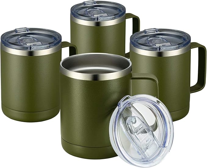 MEWAY 12oz Coffee Mug With Handle 4 Pack Bulk,Stainless Steel Insulated Travel Tumblers With Sliding Lid,Double Wall Vacuum Camping Cup for Hot & Cold Drinks Tea (Army Green,Set of 4)